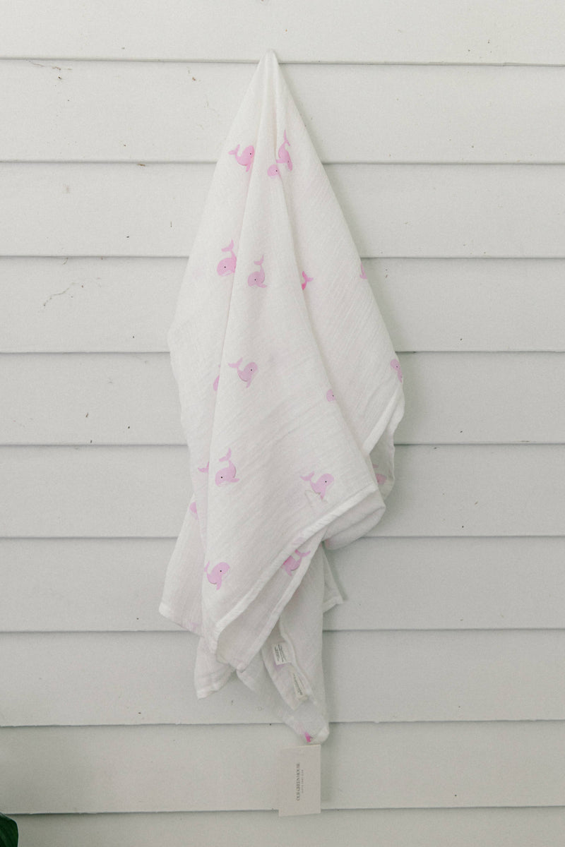 BA - Organic Muslin Baby Swaddle - Pink Whale Print