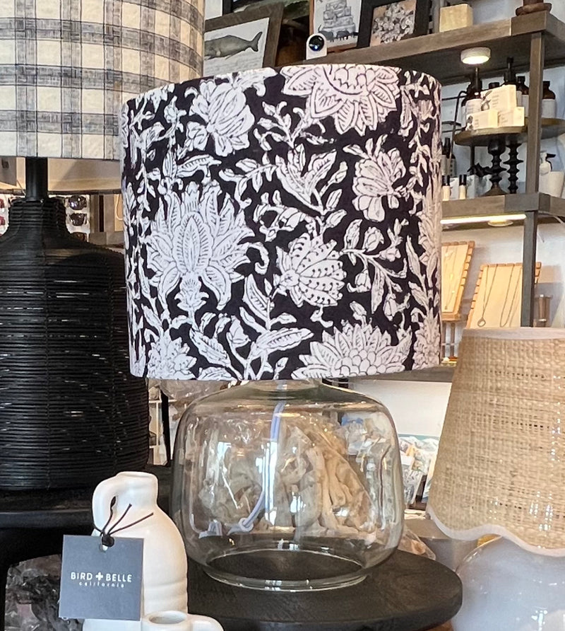 BB - Glass Lamp with Black Blockprint Floral Shade