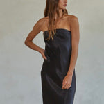 VH-1462 Black satin Strapless Maxi Dress