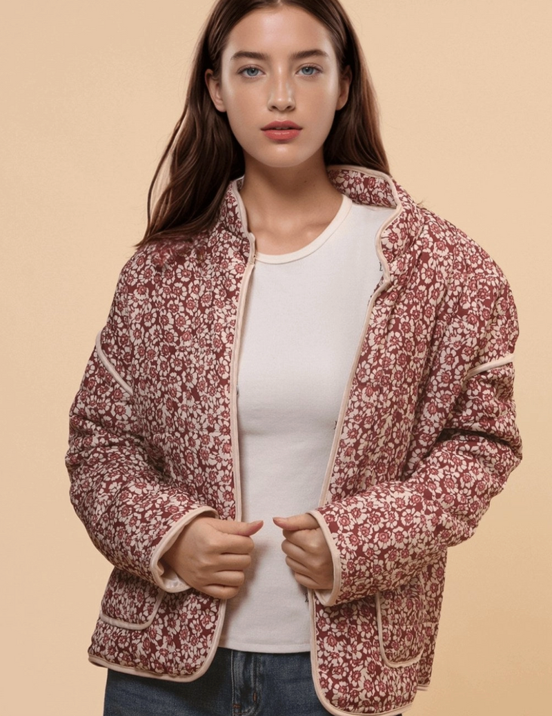 D Wine Floral Print quilted jacket