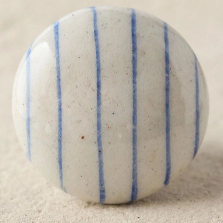 BB - White and Blue Striped Ceramic Cabinet Knob