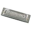 Silver harmonica with Bluesband logo and black trim on white background. 