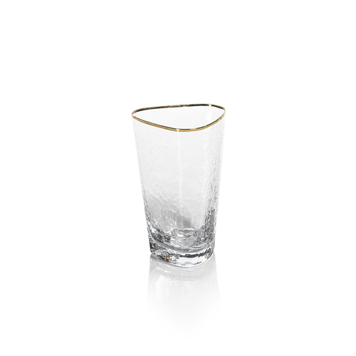 This Aperitivo triangular highball glass is clear with a gold rim. The dimensions are 3.5 in. x 5.5 in. and holds 14 oz. The glass has a rippled texture.