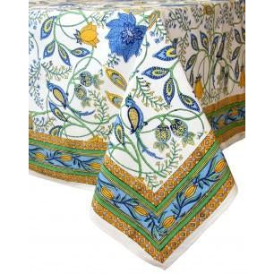 Rectangle tablecloth with birds and flowers in Provecal colors of blue, green, yellow.