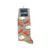 Heather grey men's socks with fried eggs and bacon pattern.