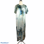 Tie Dyed Satin Short Sleeve Dress. Ankle Length.