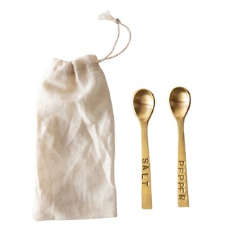 This is a salt and pepper spoon set with draw string bag. The set is metal with brass finish.  Size: 3.25" length