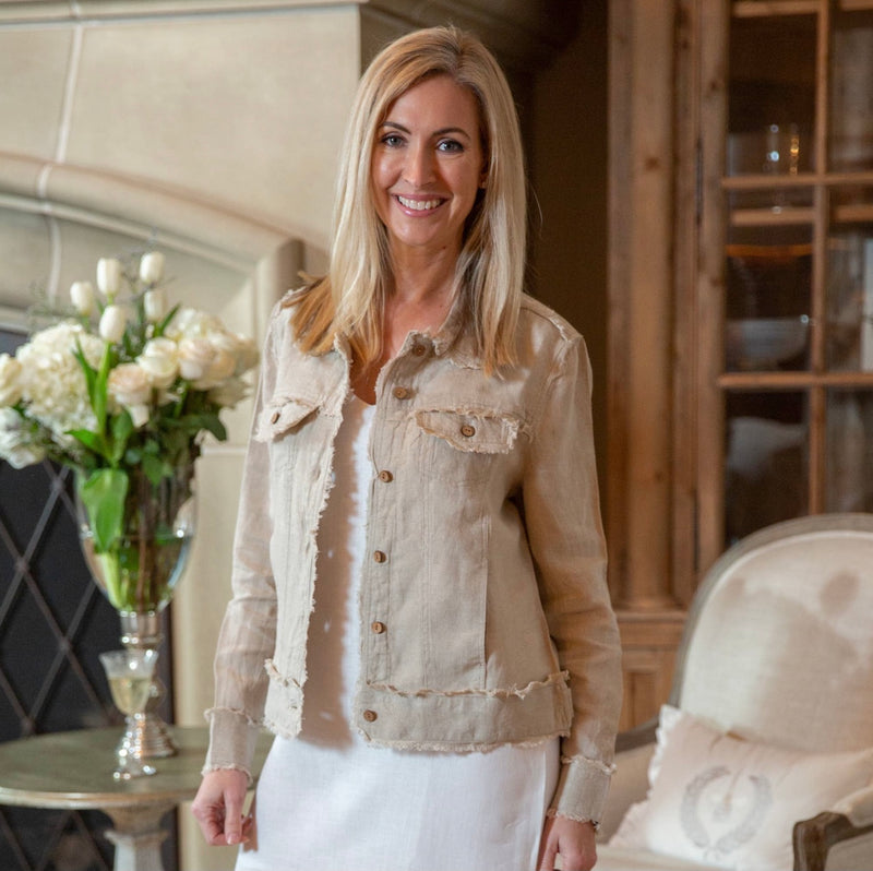 Flax jacket with wooden buttons, denim style