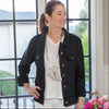 black jacket with wooden buttons, denim style